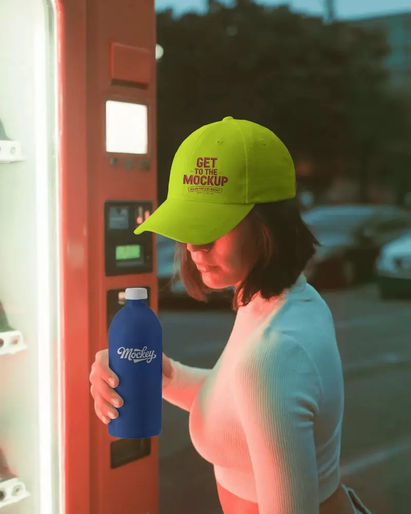 Woman Wearing Curved Brim Cap And Bottle Mockup Outdoor Modern Style Accessory