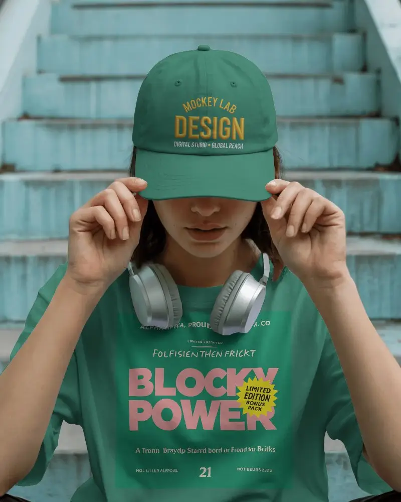 Urban Casual Cap And Tshirt Mockup Woman Adjusting Front Cap Headphones Around Neck