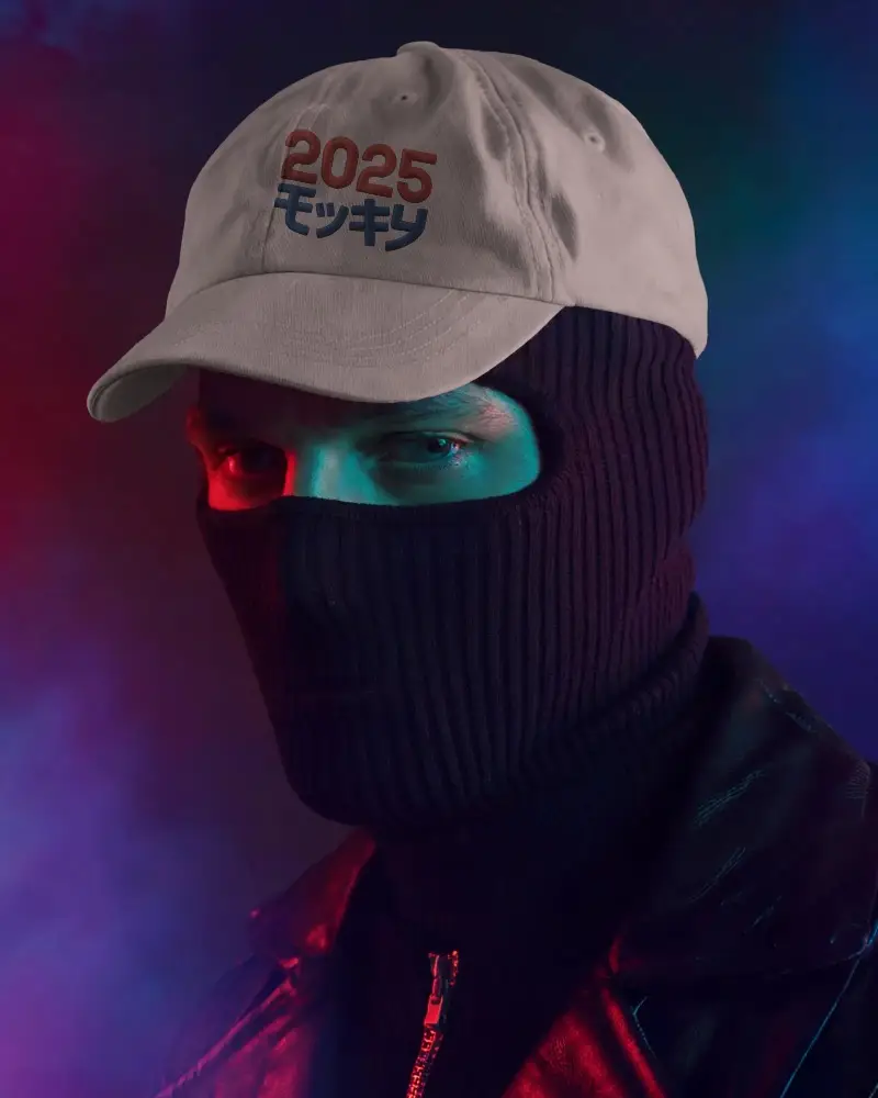 Urban Street Style Cap Mockup With Ribbed Knit Face Mask And Leather Jacket Portrait