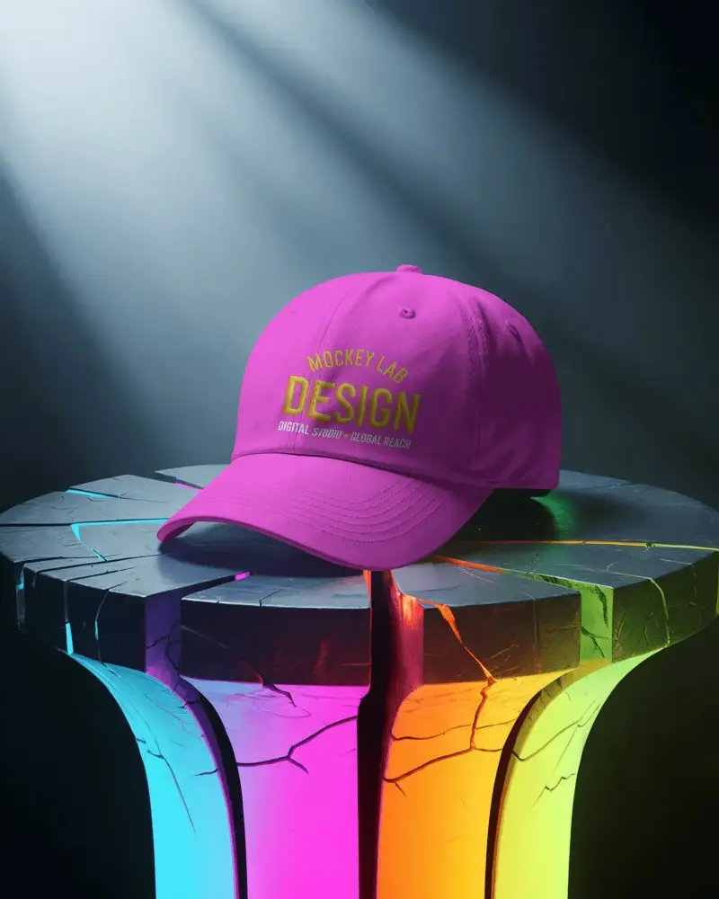 Sleek Solid Baseball Cap Mockup On Modern Cracked Pedestal With Colorful Glow Background