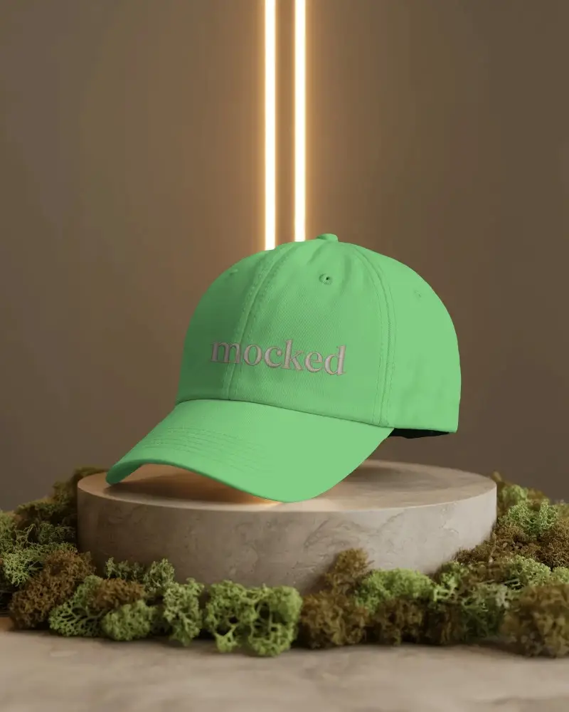 Sleek Minimalist Cap Mockup On Natural Stone Pedestal With Atmospheric Background Lighting