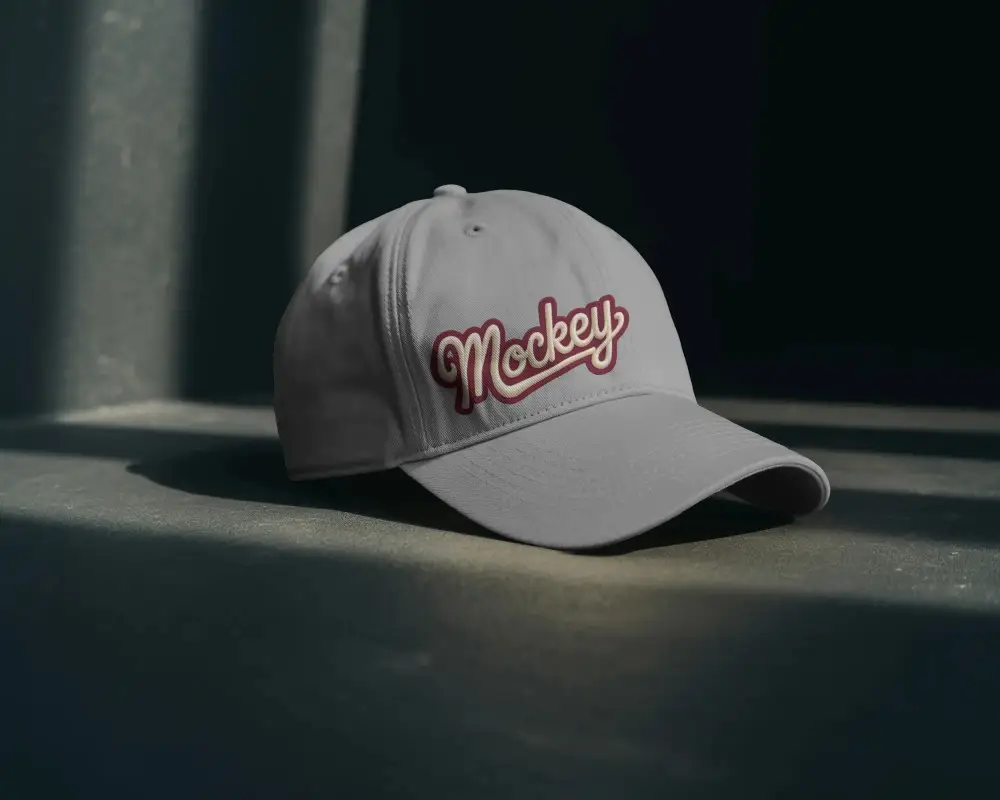 Stylish Blank Cap Mockup Lying On Smooth Surface With Subtle Light Play Shadow
