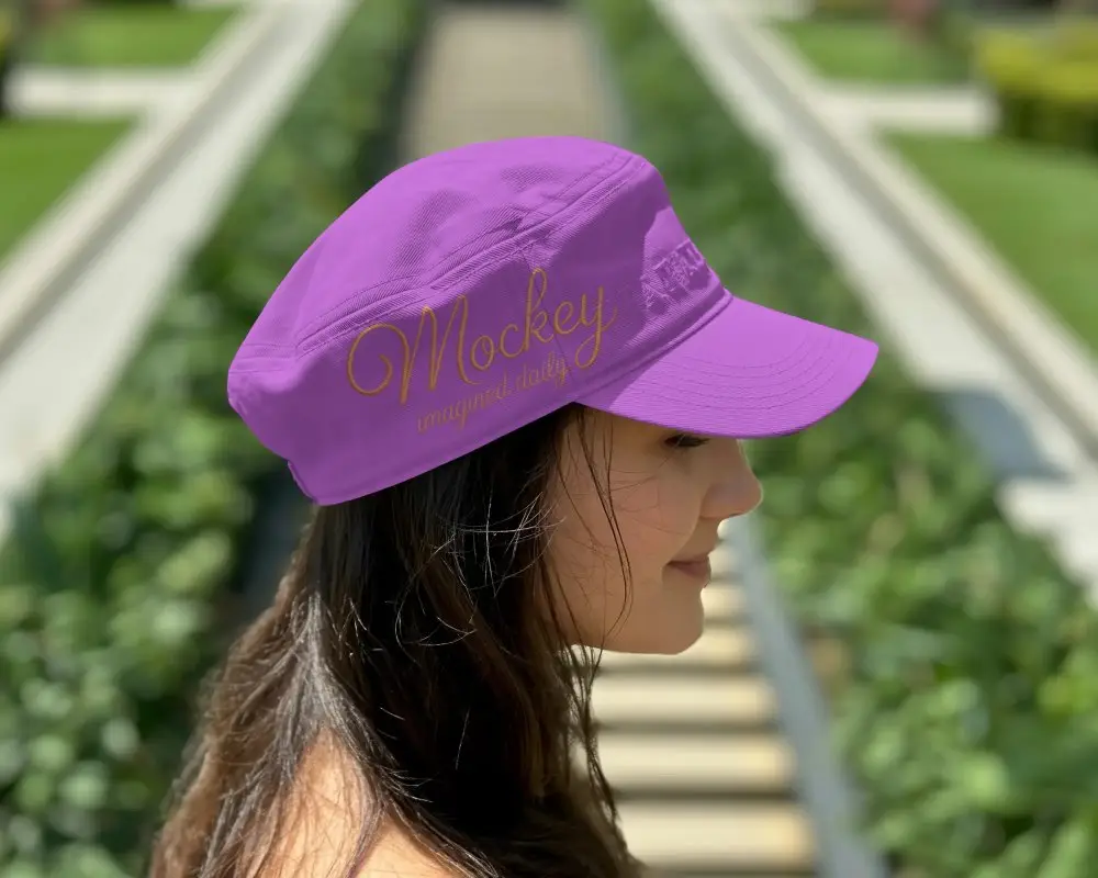 Woman Wearing Stylish Military Cap Mockup Fashion Accessory For Casual Look Streetwear