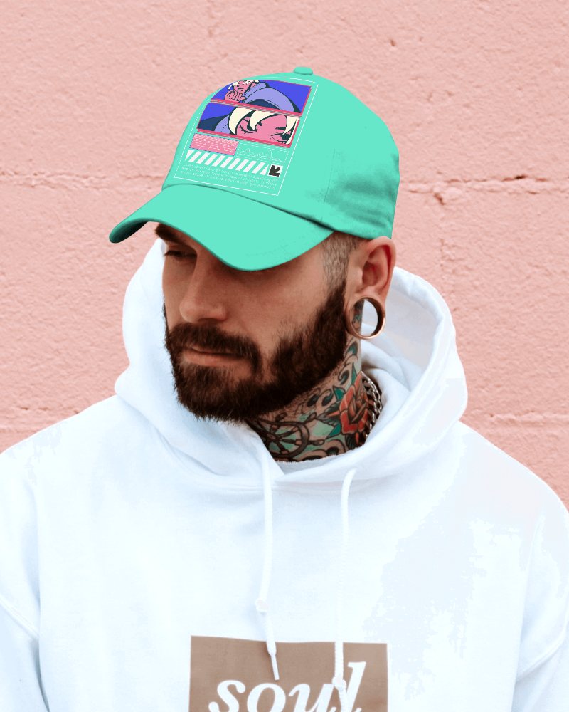 White Dad Hat Mockup Against Pink Wall With Tattoo Details