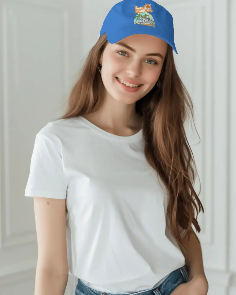Minimalist Hat Design Mockup Showing Smiling Young Woman In Bright Interior Wearing White Cap Great For Modern Clothing Brand Promotions And Ecommerce Listings