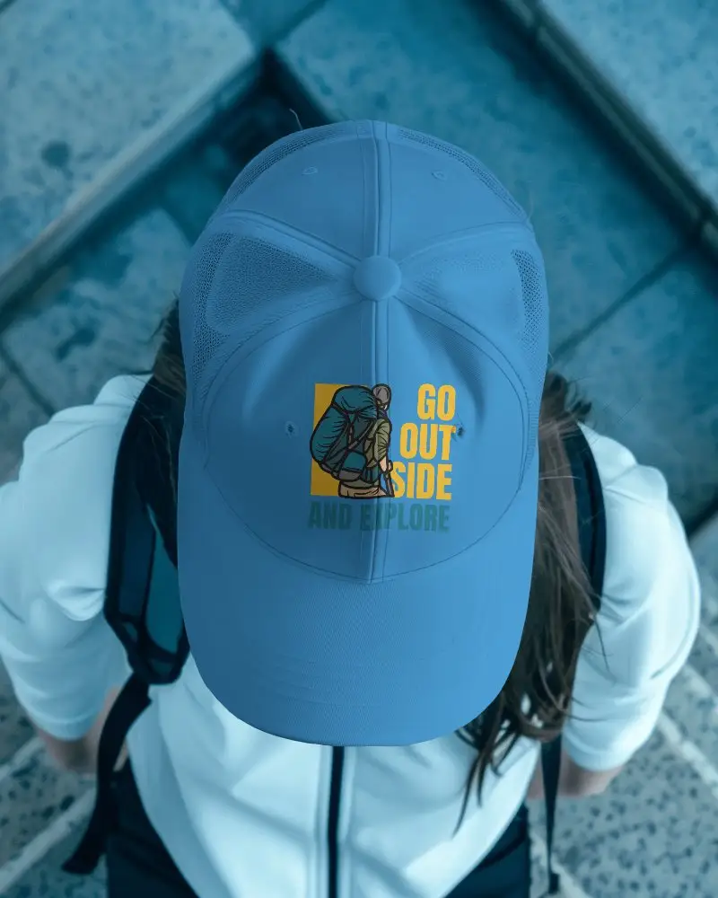 Overhead View White Mesh Cap Mockup On Woman In Sportswear Outdoor Urban Setting For Fitness Branding