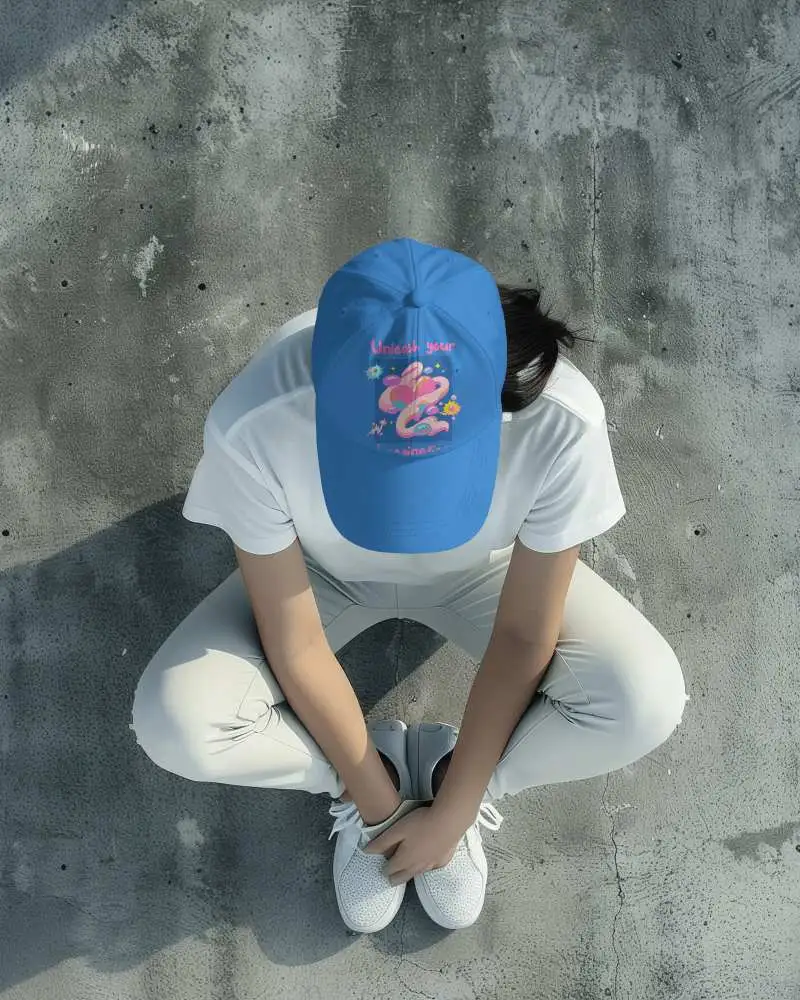 Top Down view of minimalist white baseball cap on woman dressed in all White athleisure, sitting cross Legged on urban concrete floor