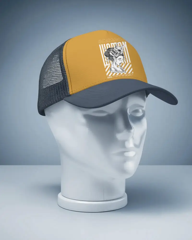 Clean mockup of mesh snapback cap on faceless mannequin, white and navy tones, ideal for minimalistic ecommerce or apparel catalogs