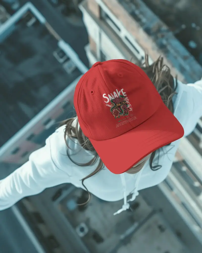 Motion Style cap presentation, with city buildings below and soft morning light, youthful brand mockup for active lifestyle campaigns