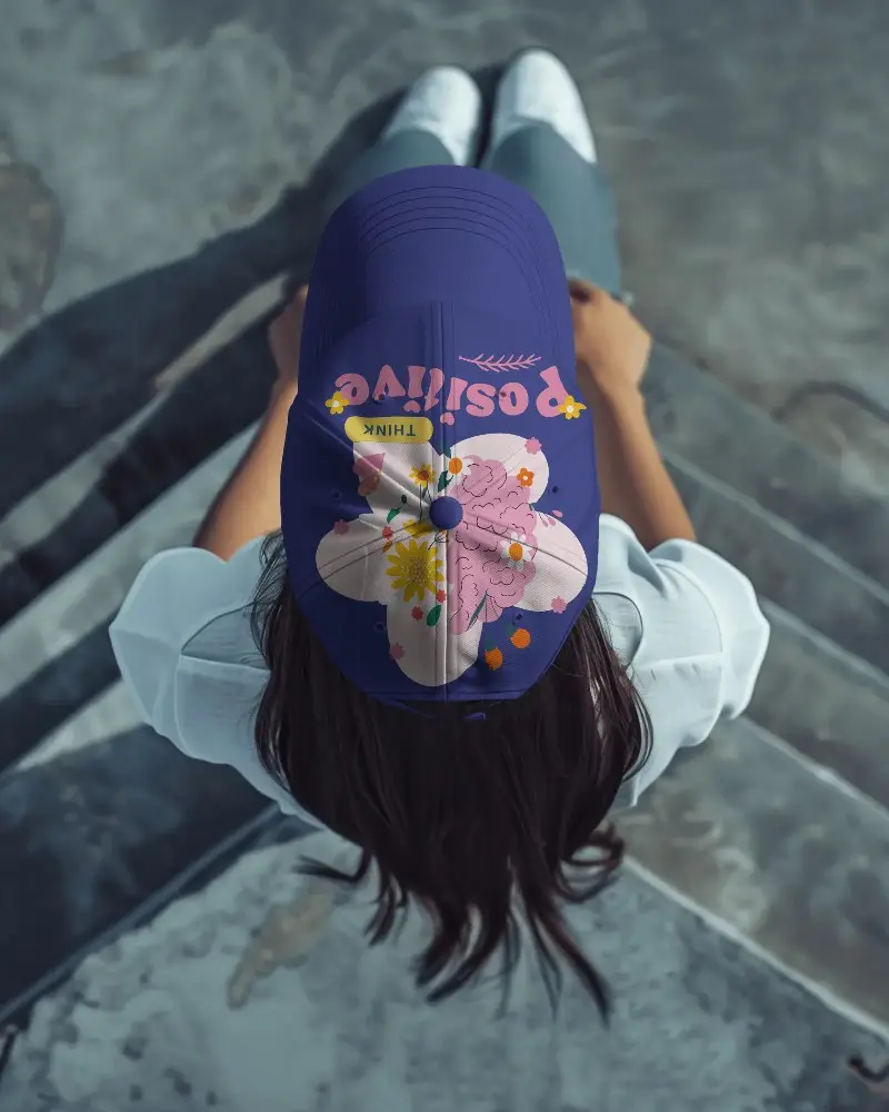 Modern Streetwear Cap Mockup High Angle View On Stairs Perfect For Logo Or Brand Designs