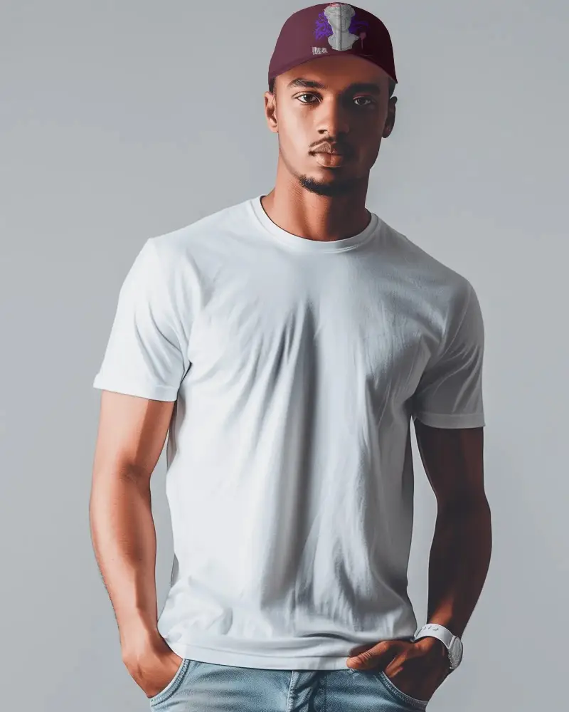 Clean White Baseball Cap Mockup On Fashionable Young Man In Modern Studio Lighting For Premium Cap Design Presentation