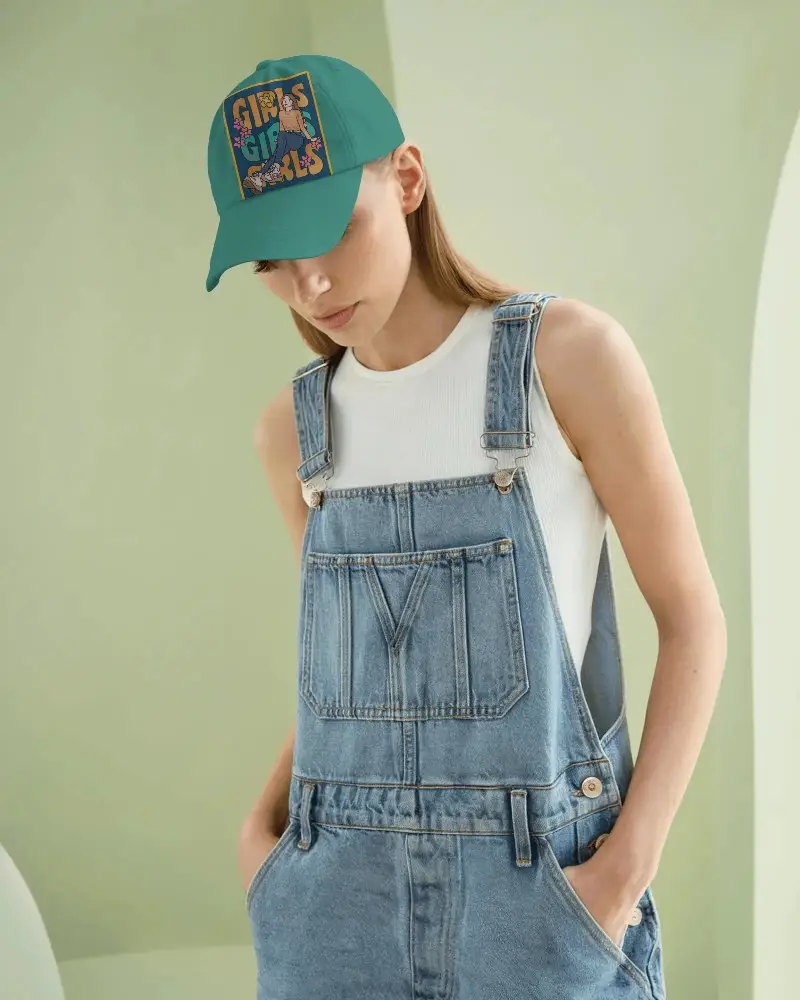 Casual Streetwear Inspired Cap Mockup For Fashion Branding Showcasing Modern White Hat On Stylish Woman Wearing Sleeveless Top And Overalls