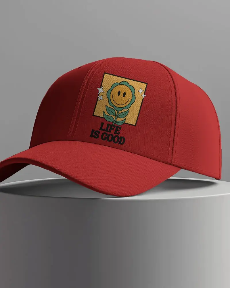 Minimal White Baseball Cap Mockup On Elevated Pedestal Against Neutral Gray Backdrop For Clean Brand Presentation And High End Product Showcase