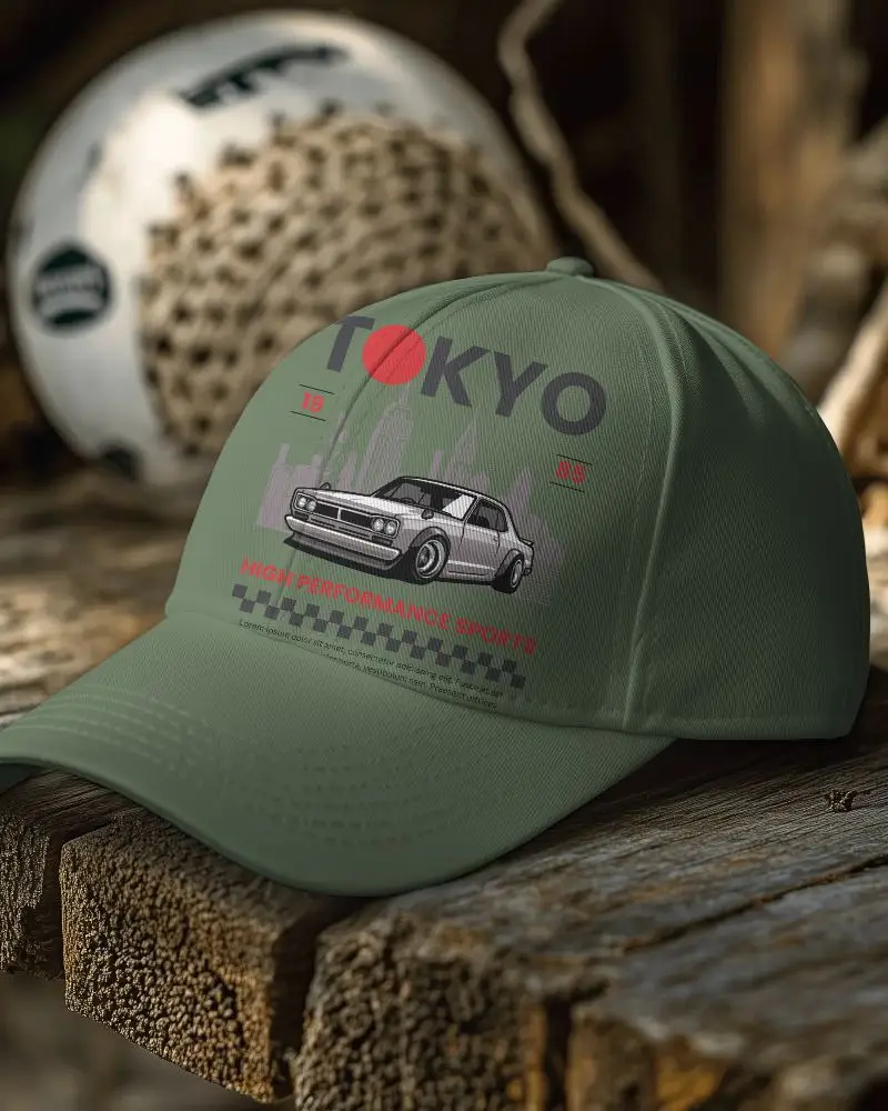 High Detail White Cap Mockup With Woodgrain Surface And Lacrosse Ball Background Ideal For Nature Themed Branding