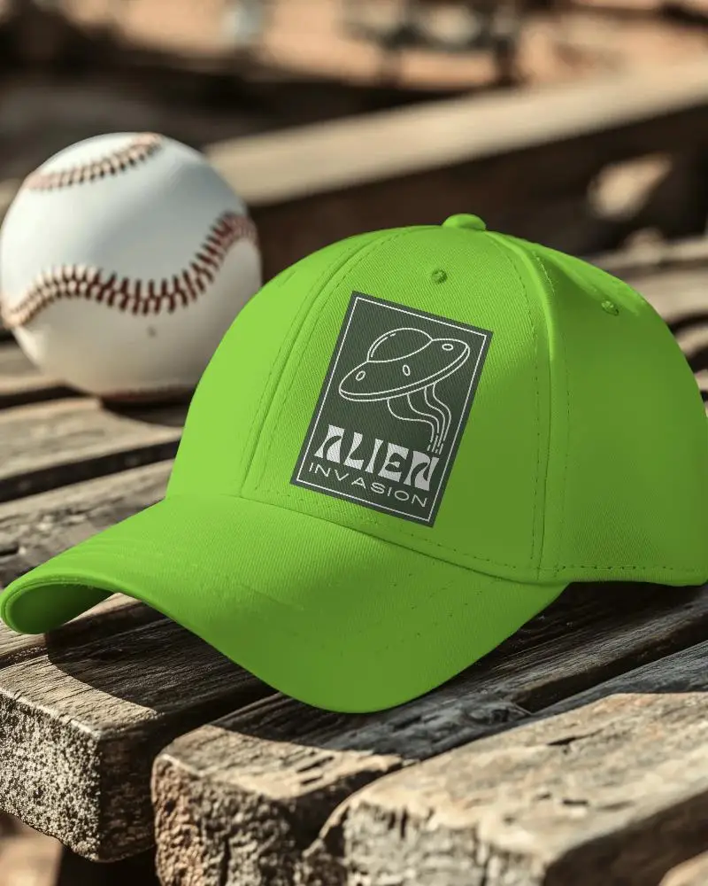 White Baseball Cap Mockup On Weathered Wood Bench With Baseball In Background Perfect For Sportswear Brand Showcase