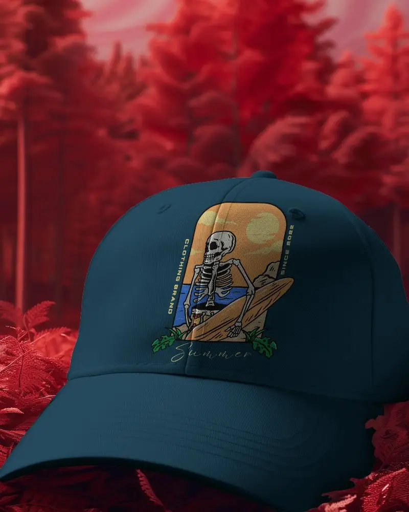 Ultra Realistic White Baseball Cap Mockup In A Vibrant Red Fantasy Forest Background For Bold Brand Identity