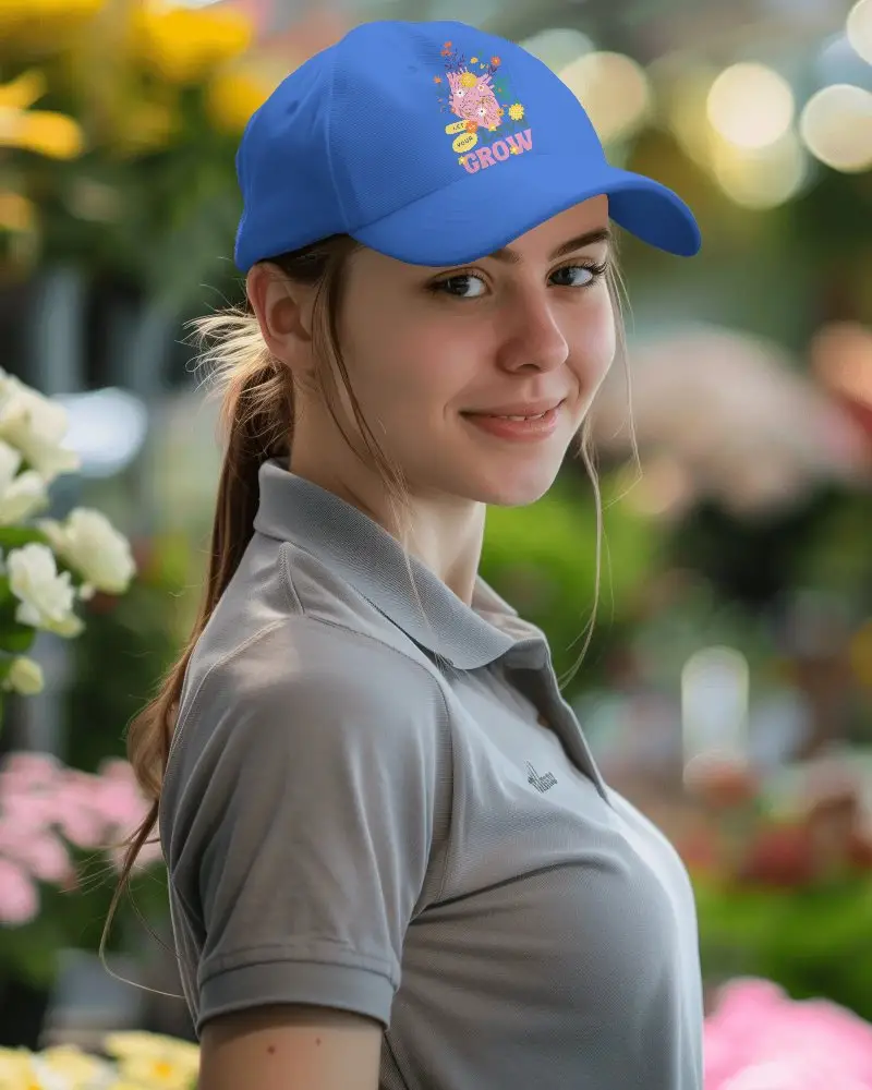 Outdoor White Cap Mockup With Smiling Female Model In Flower Garden Perfect For Bright And Cheerful Branding Display