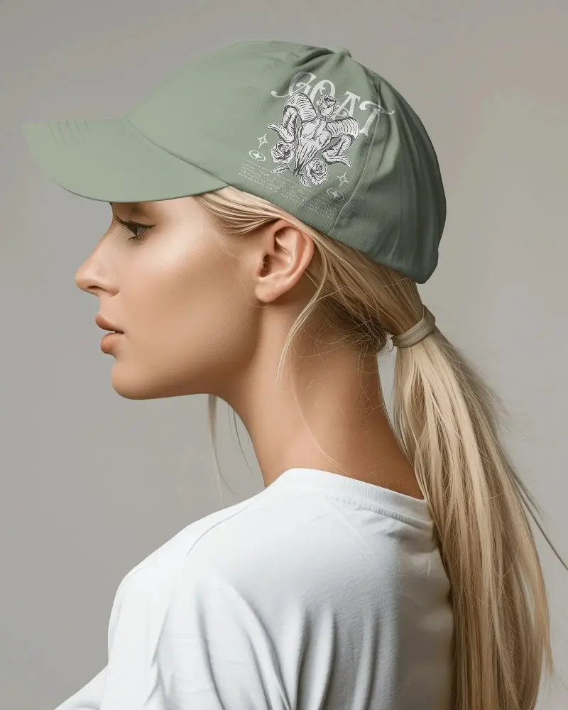Side Profile White Cap Mockup On Blonde Female Model Minimal Background Perfect For Elegant Brand Showcase