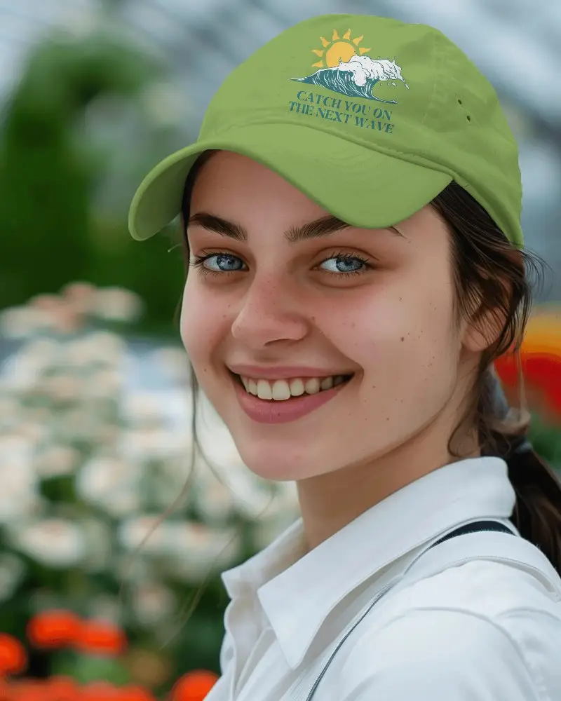 Smiling Woman White Cap Mockup In Flower Garden Bright Spring Design Template For Custom Headwear And Lifestyle Brands