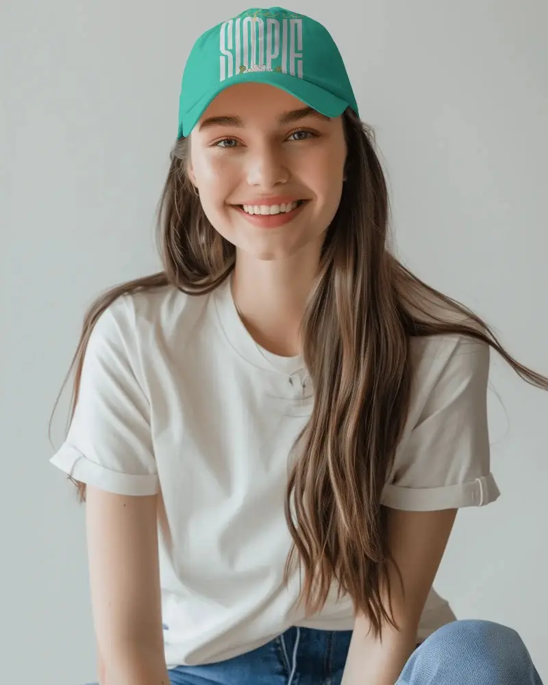 Minimalist White Cap Mockup On Smiling Woman In Casual Outfit Clean Studio Background For Brand Merchandise Display
