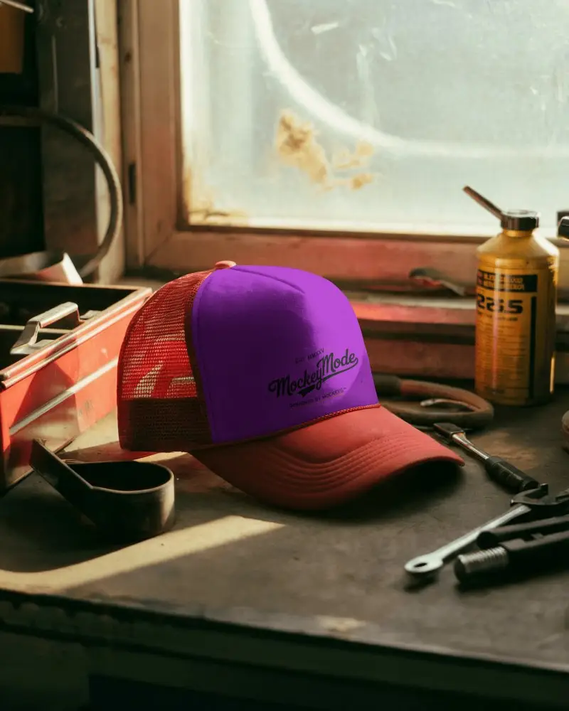Garage Workshop Trucker Hat Mockup Hat On Toolbox In Sunlit Window Scene With Wrench And Supplies
