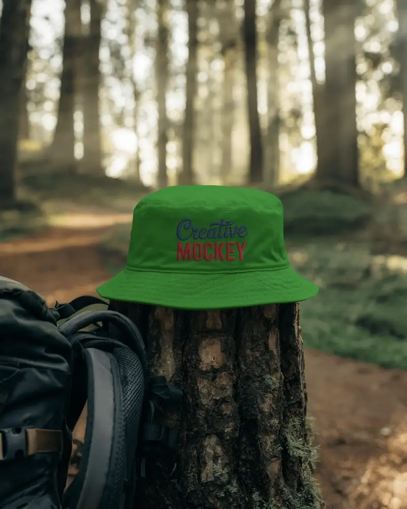 Forest Hiking Bucket Hat Mockup Hat On Tree Stump In Woodland Setting With Hiking Backpack Nearby
