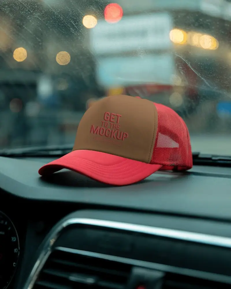Trucker Hat Mockup Hat On Vehicle Dash In Moody Rainy Evening City Traffic Lights Scene