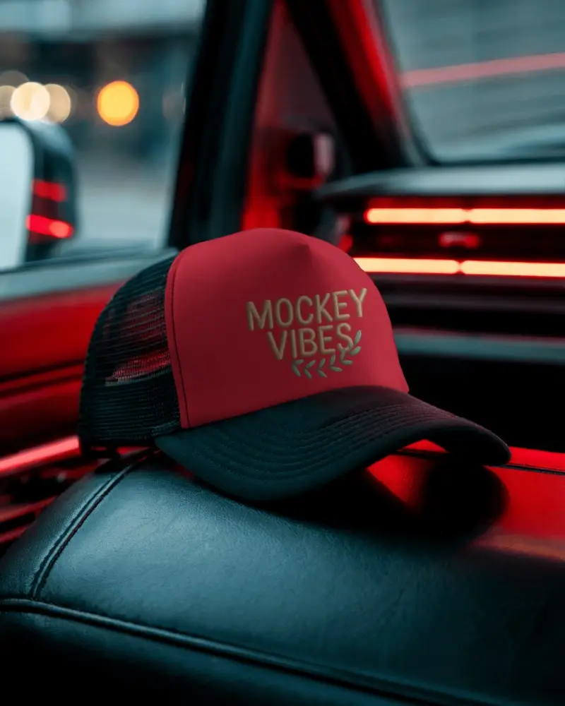 Interior Trucker Cap Mockup On Black Car Seat With Red Light Accents And City Reflections Through