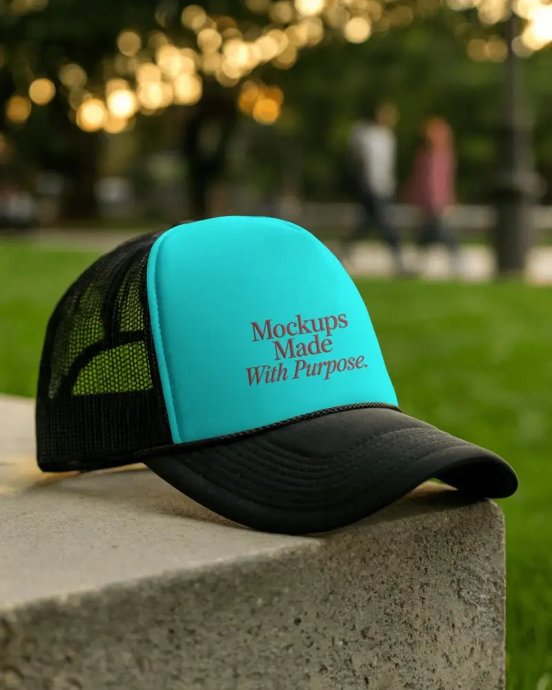 Trucker Hat Mockup Placed On Concrete Surface With Park Background And Soft Golden Hour Bokeh Effect