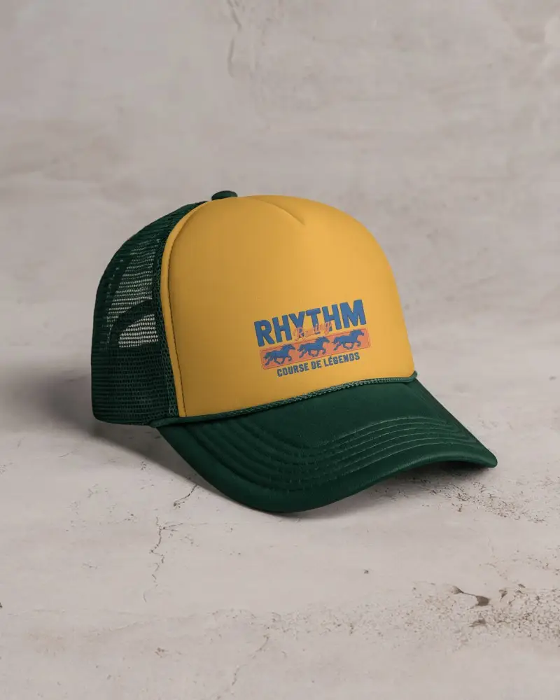 Trucker Hat Mockup With Neutral Background And Studio Lighting Highlighted On Green Mesh Cap Design
