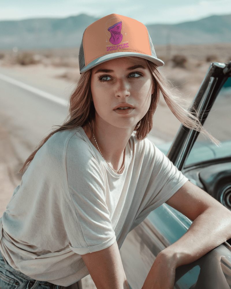 Scenic Highway Cap Mockup Carefree Female Traveler Posing With Classic Car Warm Toned Fashion Shot