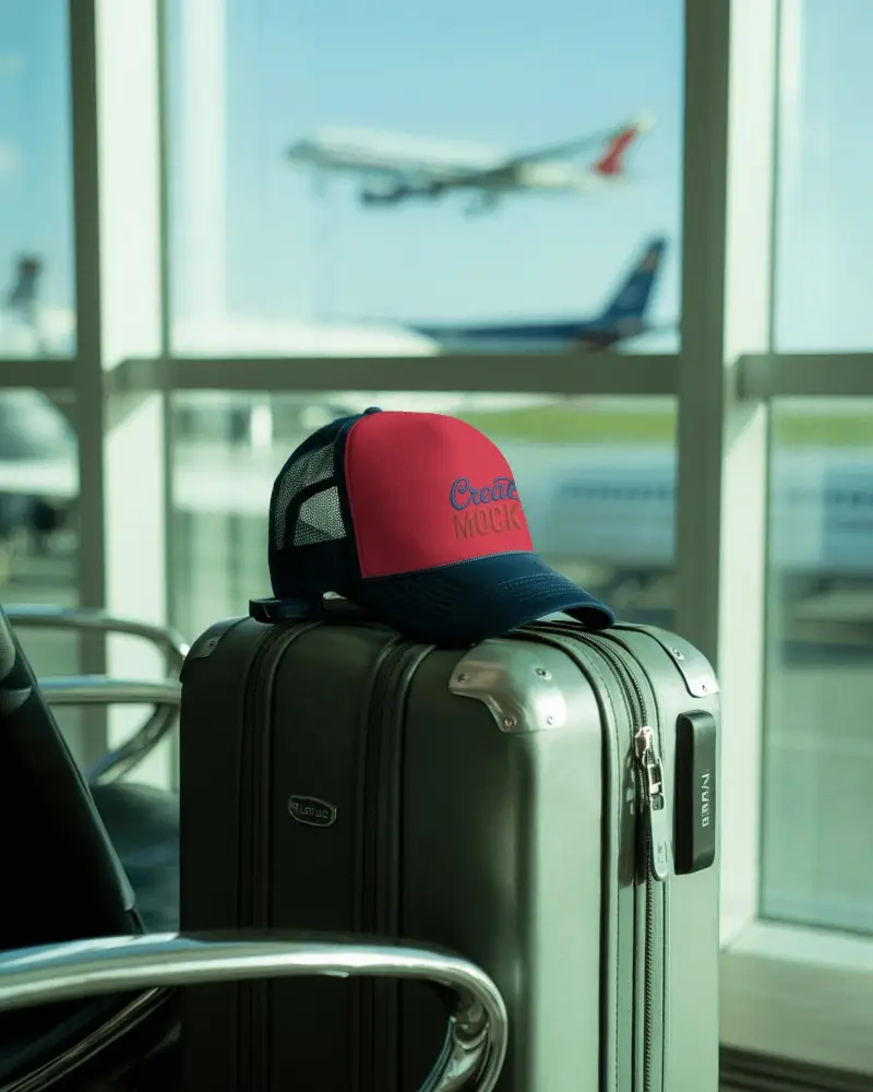 Travel Ready Truker Hat Mockup On Hardshell Suitcase At Airport Lounge Near Boarding Gates
