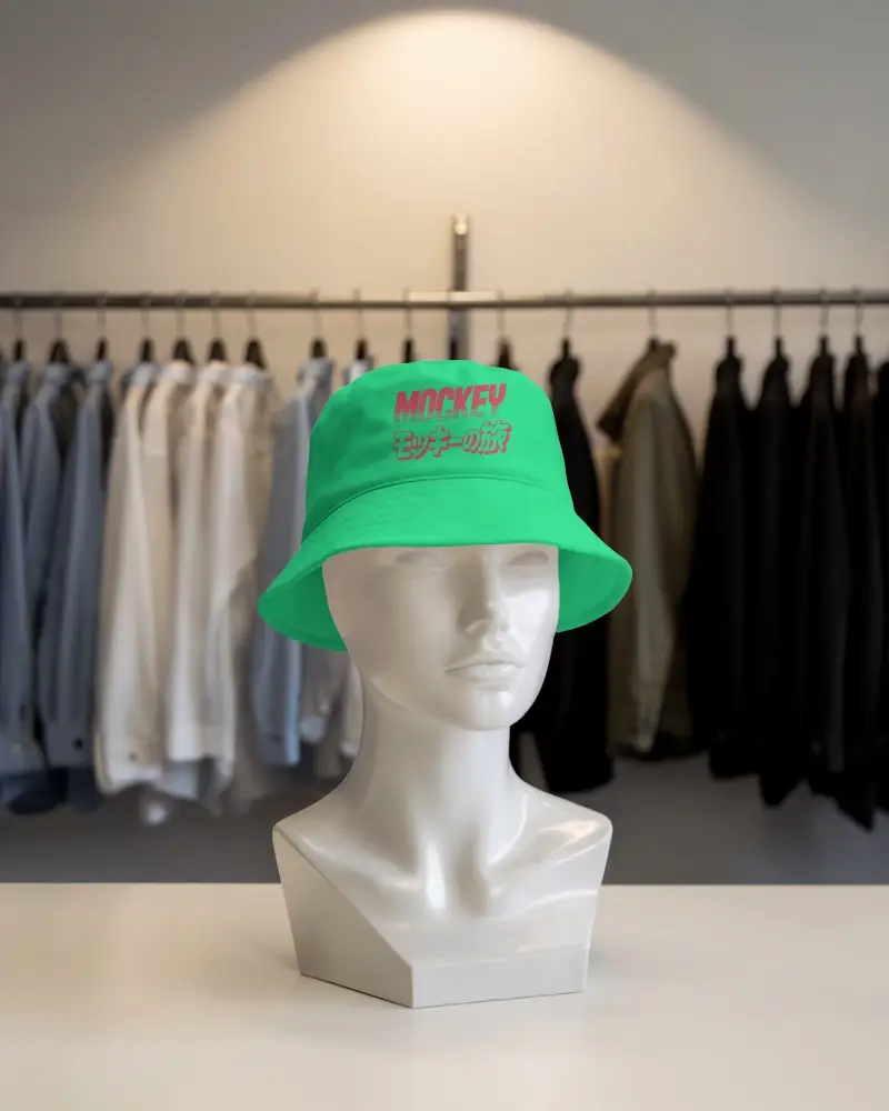 Trendy Bucket Hat Mockup On Mannequin Head Showcasing Stylish Casual Fashion Accessory Display