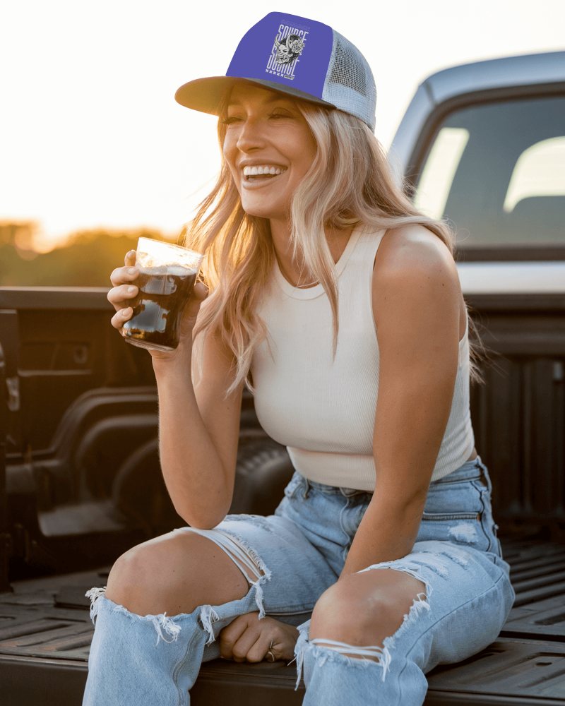 Rustic Roadtrip Hat Mockup Modern Cowgirl In Stylish Trucker Cap Living The Country Dream At Dusk