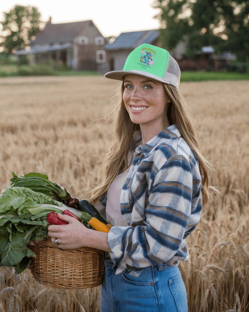 Organic Farming Hat Mockup Trendy Trucker Cap On Woman Harvesting Vegetables In Sunset Lit Countryside