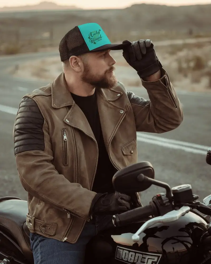 Adventure Rider Trucker Hat Mockup Bearded Man On Open Highway Motorbik
