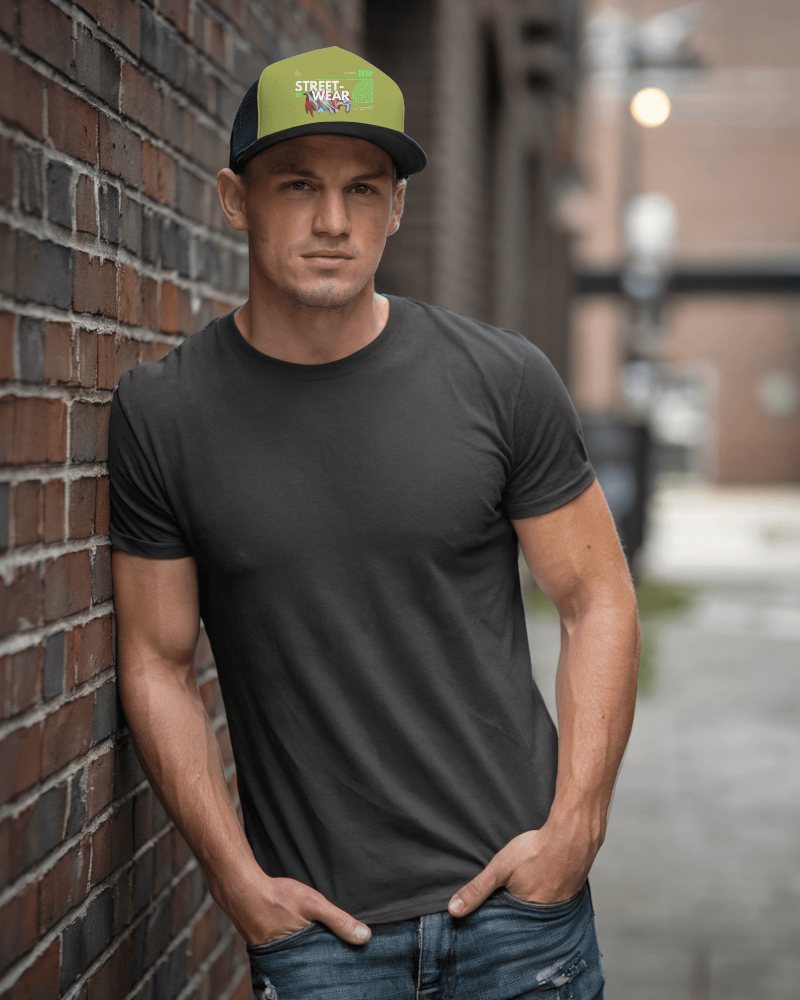 City Life Trucker Hat Mockup Handsome Man Dressed In Black With Rugged Street Style Vibes