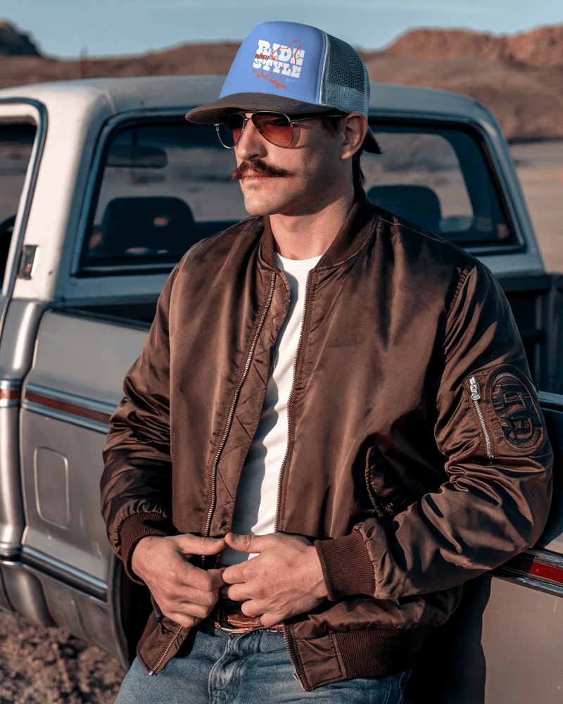 Country Rodeo Trucker Hat Mockup Masculine Model In Rugged Western Fashion And Classic Jeans