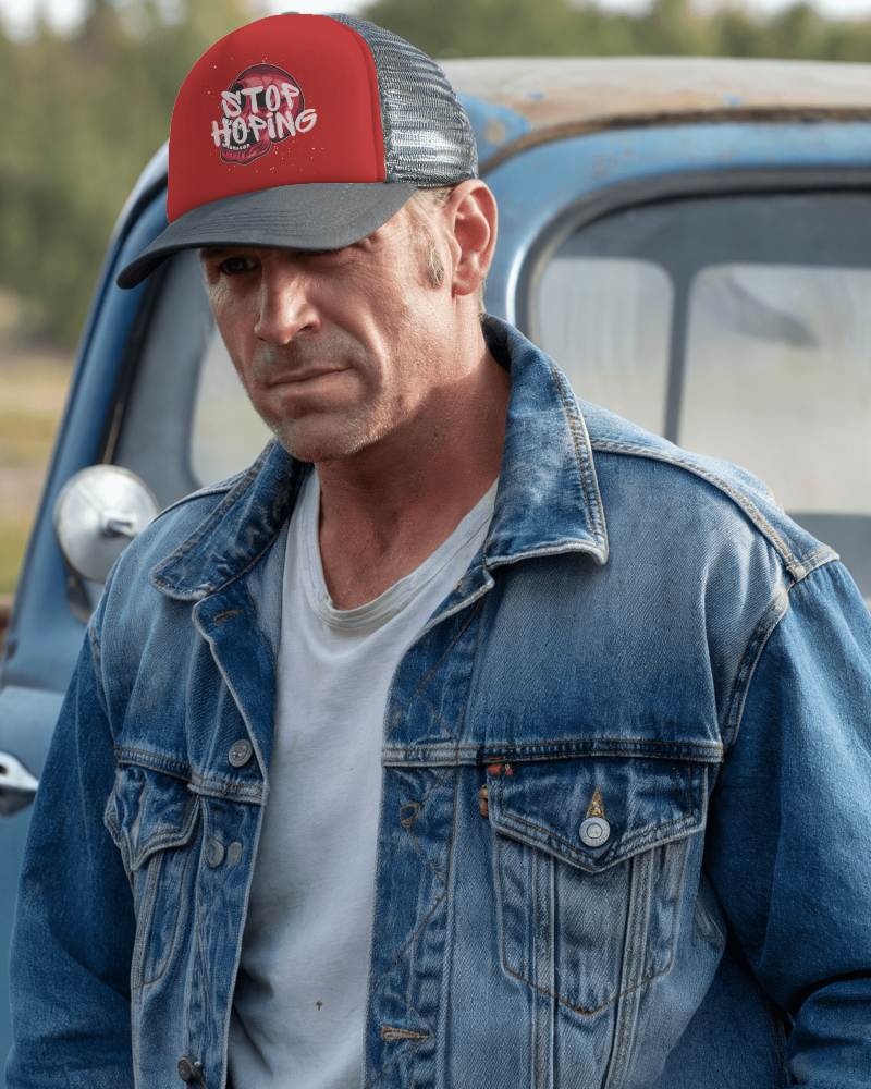 Outdoor Trucker Hat Mockup Rugged Man In Faded Jeans And Jacket With Custom Cap
