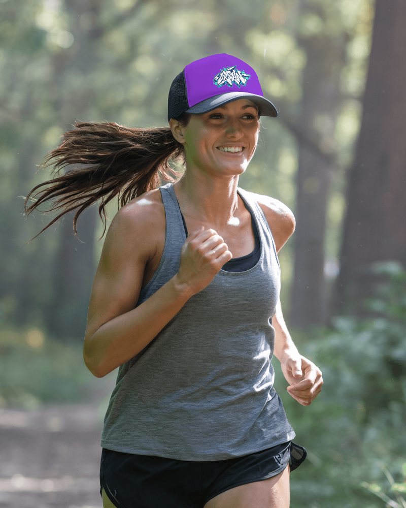 Fitness Trucker Hat Mockup Woman Running On Wooded Trail In Natural Light