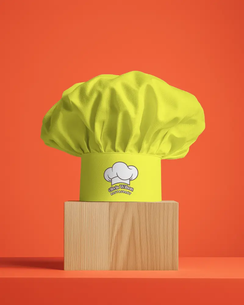 Realistic Chef Hat Mockup On Wooden Stand With Clean Studio Setup And Balanced Lighting