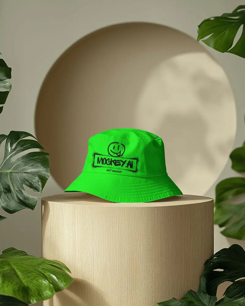 Bucket Hat Mockup On Wooden Cylinder Pedestal In Nature Inspired Studio Setting