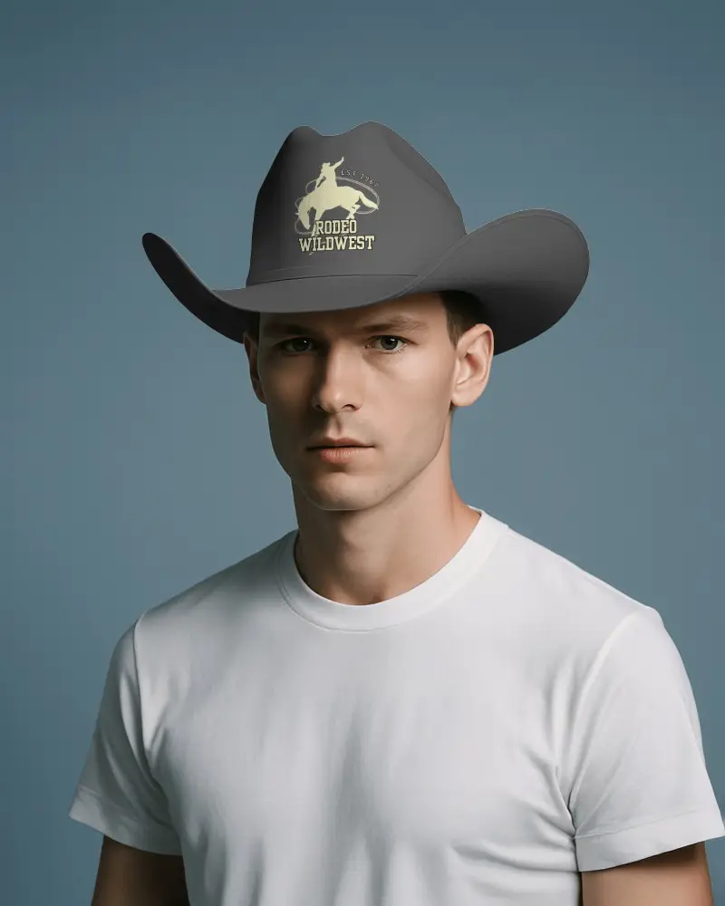 Cowboy Hat Mockup On Male Model In Studio Environment With Neutral Background