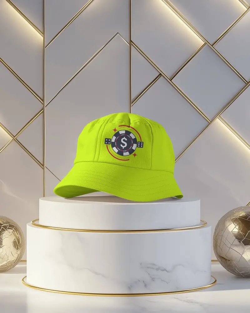 Bucket Hat Mockup On Elegant Marble Podium In Luxury Studio With Golden Decor