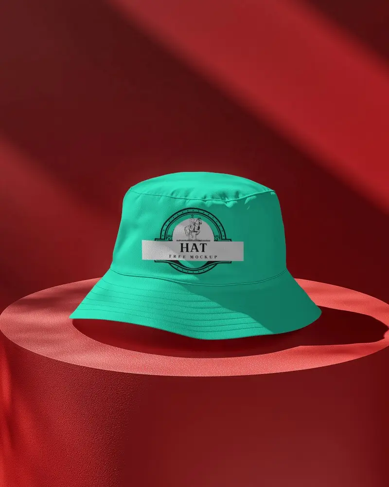 Bucket Hat Mockup On Round Pedestal In Bold Studio Lighting And Shadow Composition