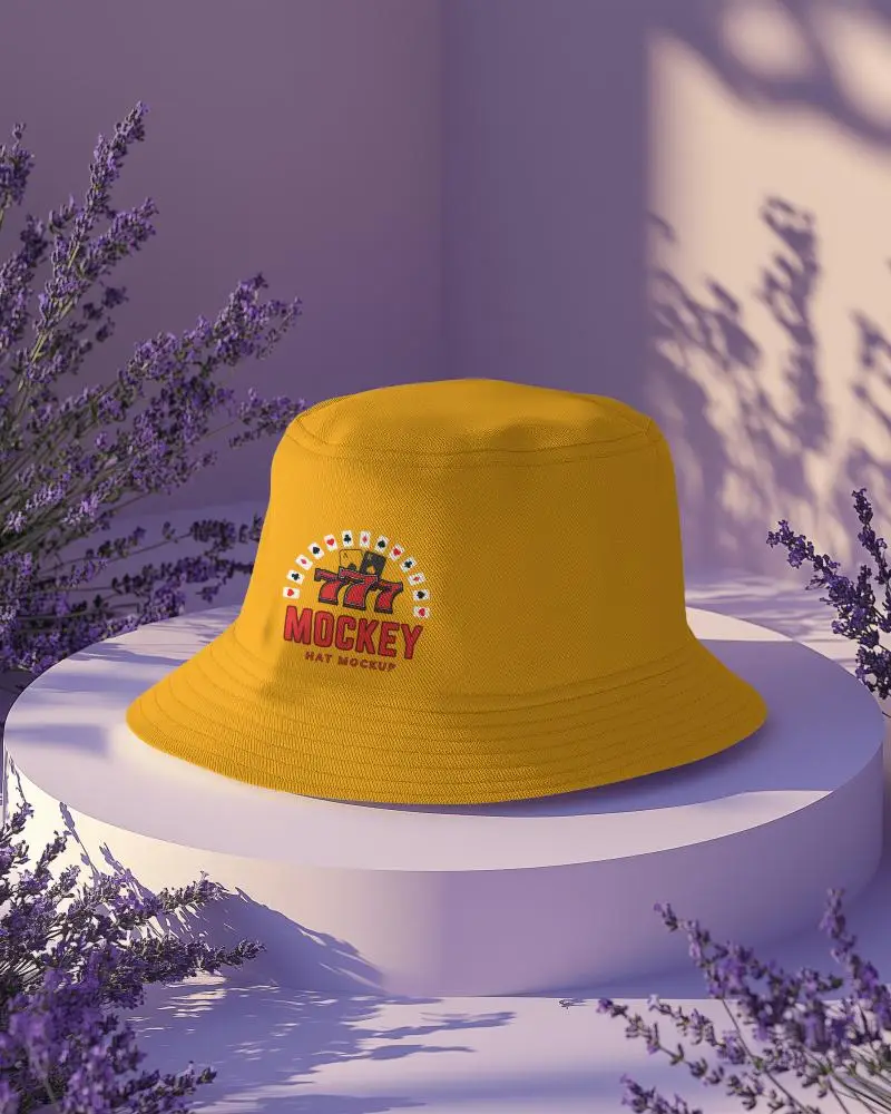 Bucket Hat Mockup In Botanical Scene With Circular Display And Stylized Shadows