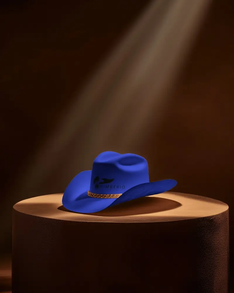 Cowboy Hat Mockup On Spotlit Round Podium In Dramatic Dark Studio Setting