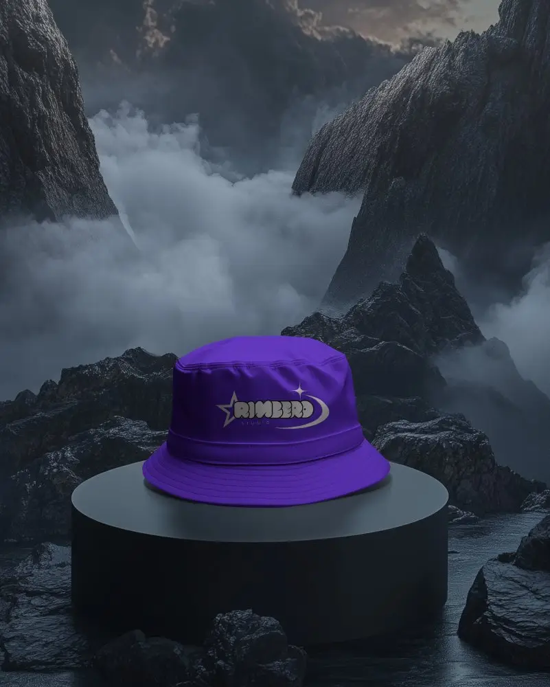 Fantasy Style Bucket Hat Mockup Set In Epic Studio Backdrop With Rocky Surroundings