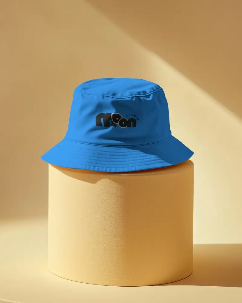 Realistic Bucket Hat Mockup On Simple Curved Stand In High Resolution Studio Shot