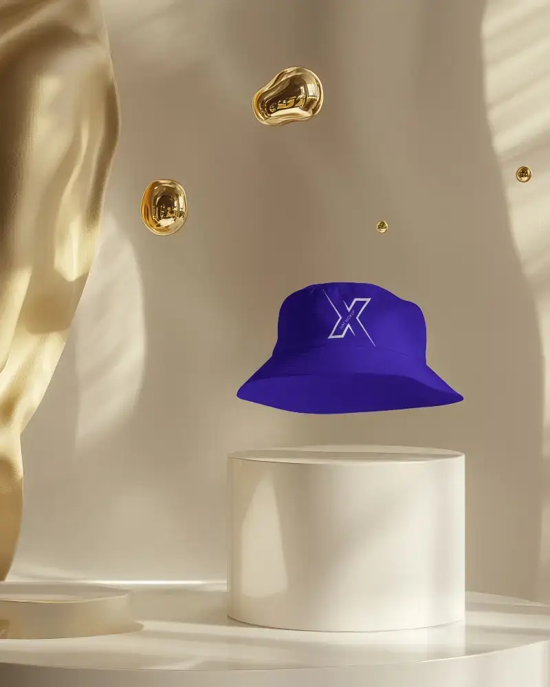 Floating Bucket Hat Mockup Above Minimal Display Stand In Luxury Studio Scene